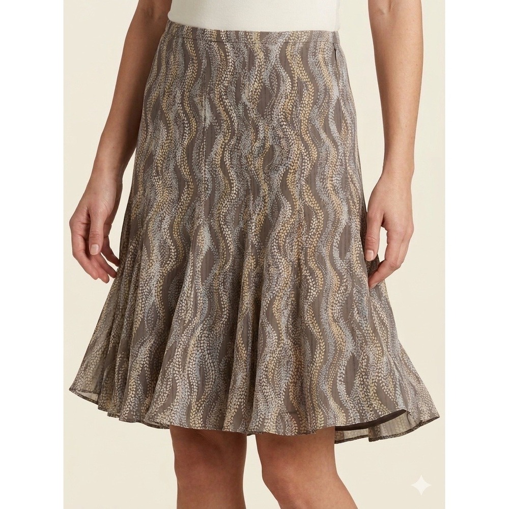 Sigrid Olsen 100% Silk Flared Skirt 10 Earthy Geometric Wave Print Neutral